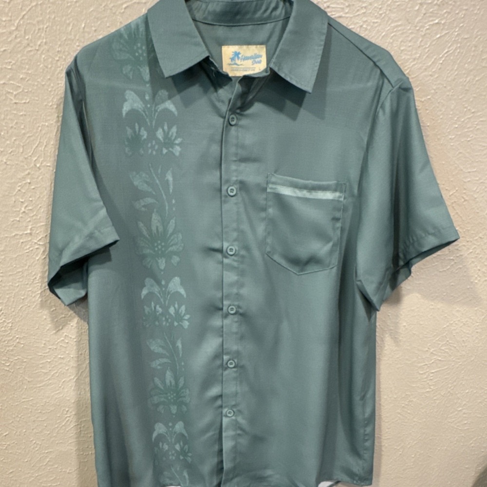 Hawaiian Shirt Brand Green Floral  Short Sleeve Button-Up Men's Size L EUC